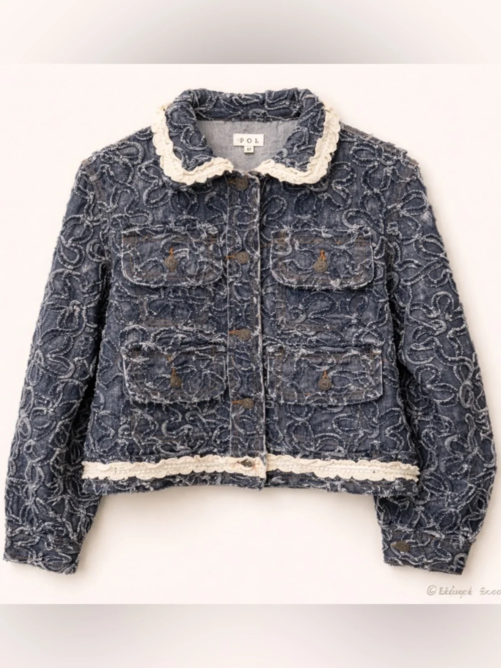 POL Blue Distressed Floral Jean Jacket with Cream Trim Medium Oversized - Picture 2 of 7